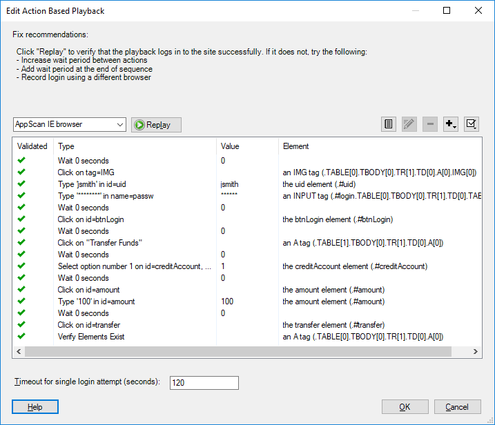 Edit Action-Based Playback dialog box