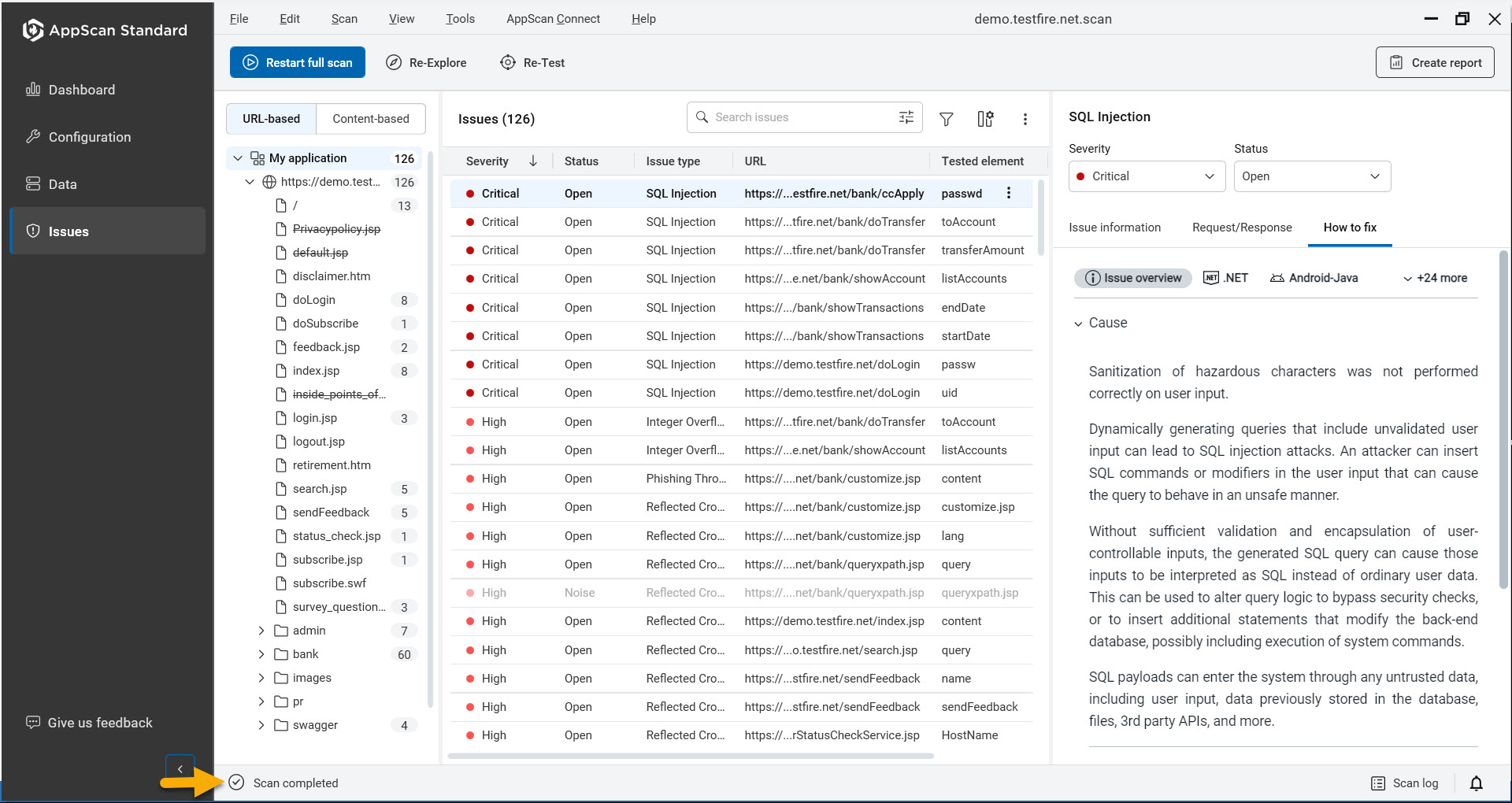 “问题”视图中的底部状态栏，显示“扫描已完成”消息。