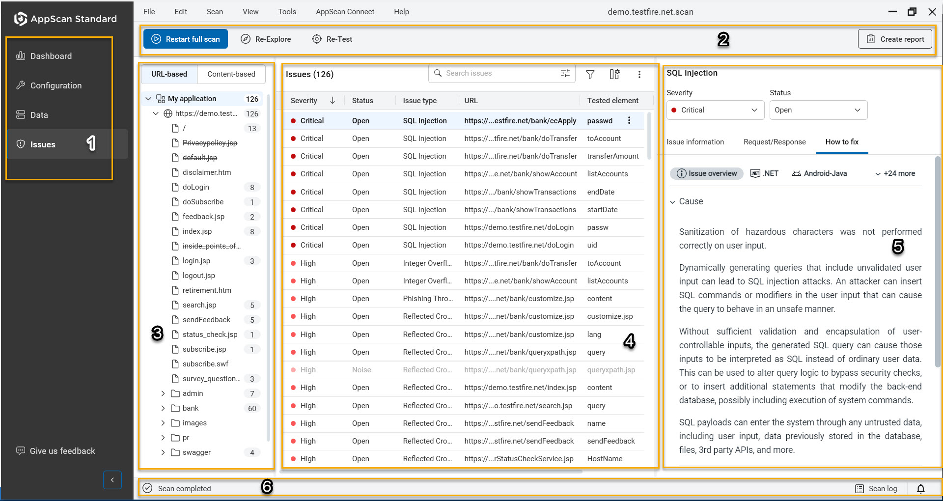 AppScan main screen showing the Issues view with various sections and menus highlighted.