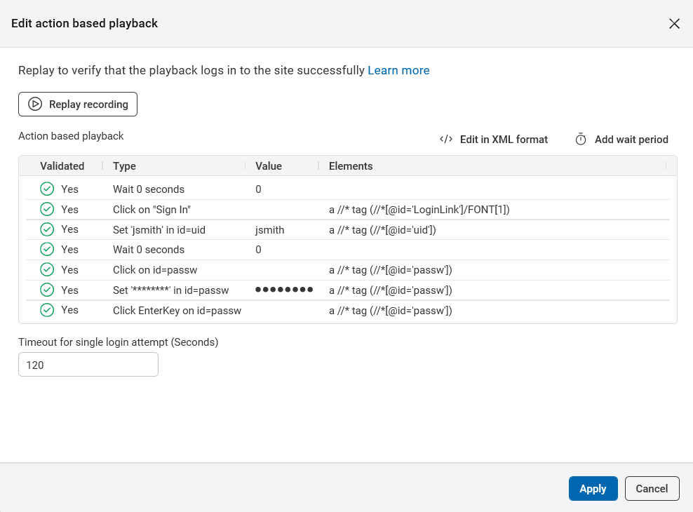 Edit Action-Based Playback dialog box