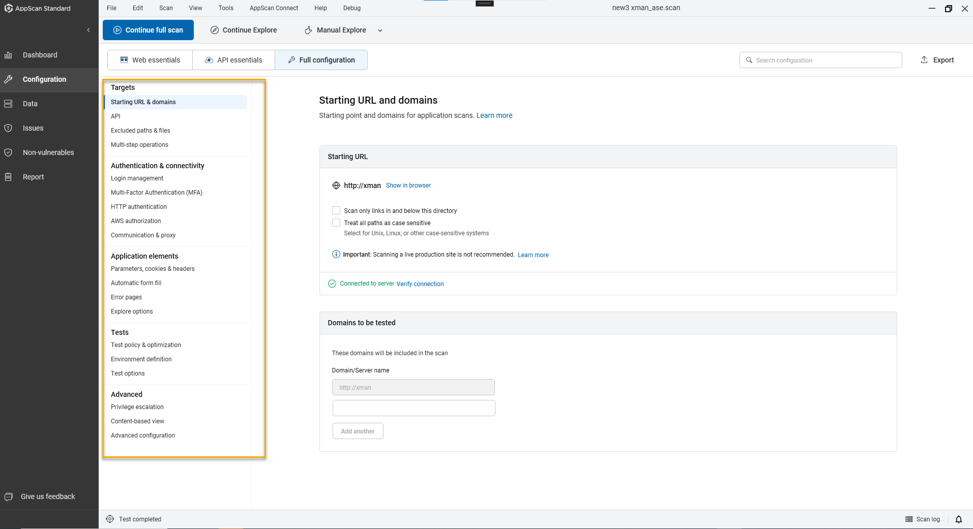 Vue de configuration