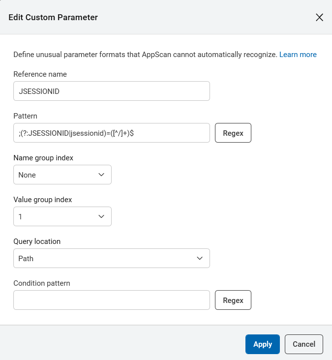 Edit custom parameter tab