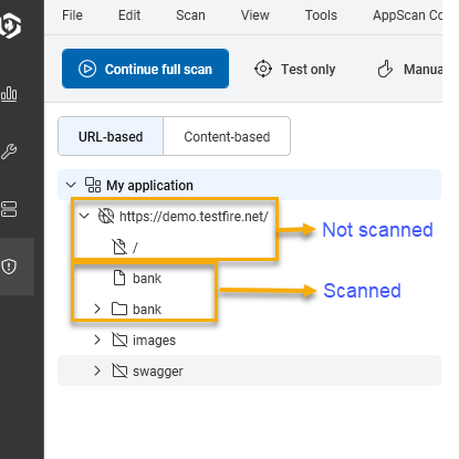 Backslash (\) icon in application tree indicating not scanned URLs