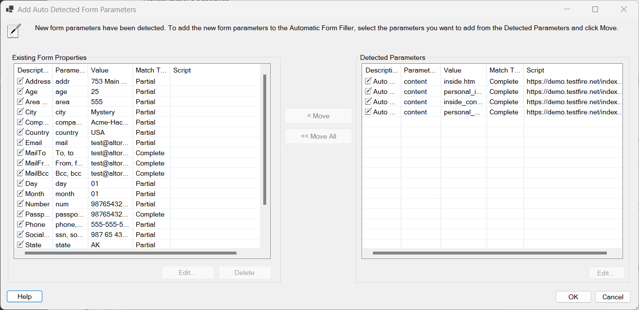 Add Auto Detected Form Parameters dialog