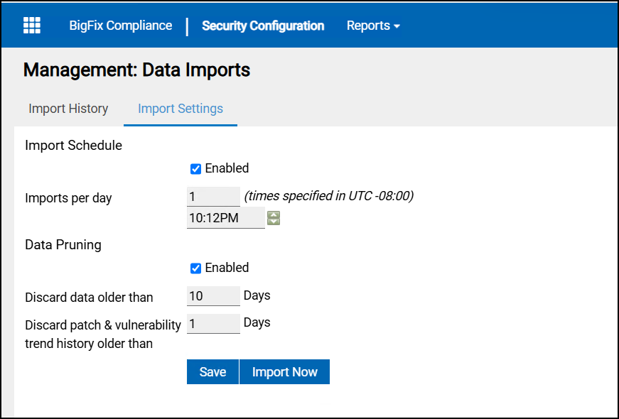 Data Pruning section with general retention set to 10 days and patch and vulnerability trend history set to 1 day
