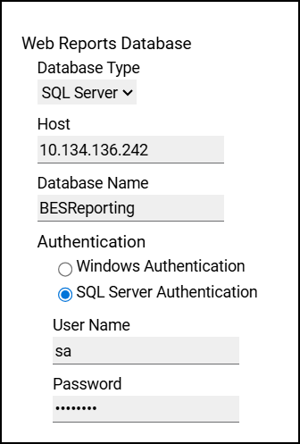 Web Reports connection for Microsoft SQL Server
