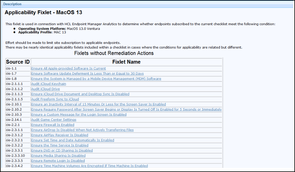 List of Checks containing an action for remediation