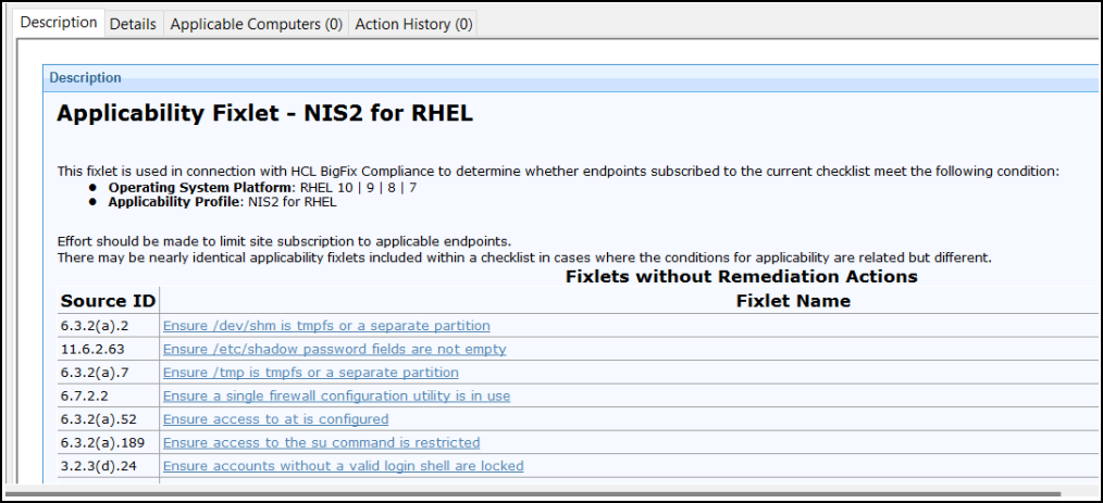 List of Checks containing an action for remediation