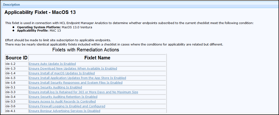 List of Checks containing an action for remediation