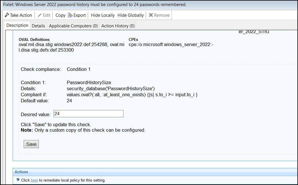 Check containing an action for remediation