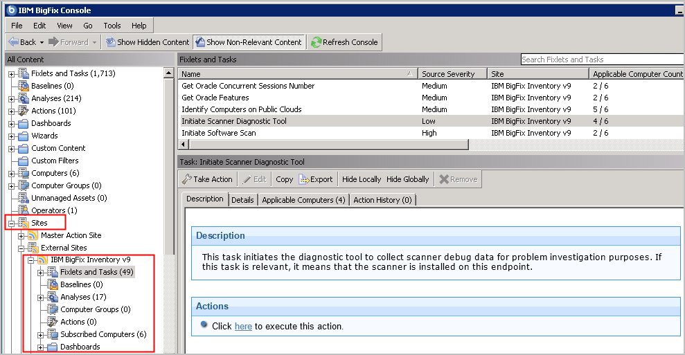 L'écran présente la console BigFix avec le site BigFix Inventory.