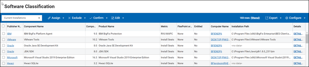 Panneau Classification des logiciels