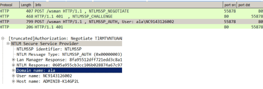 The screen shows the Wireshark capture that contains the domain authentication error.