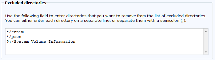 Image showing the field for specifying directories that are to be included back in the scan.