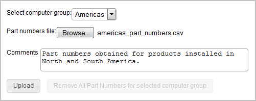 Part Numbers Upload window