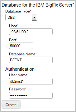 BigFix データベースへの接続を構成するためのパネル