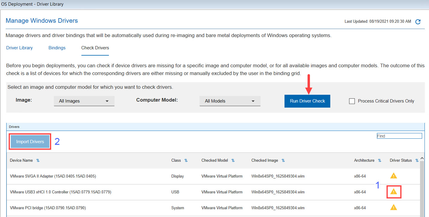 「ドライバー・ライブラリー」の「ドライバーの確認」タブ