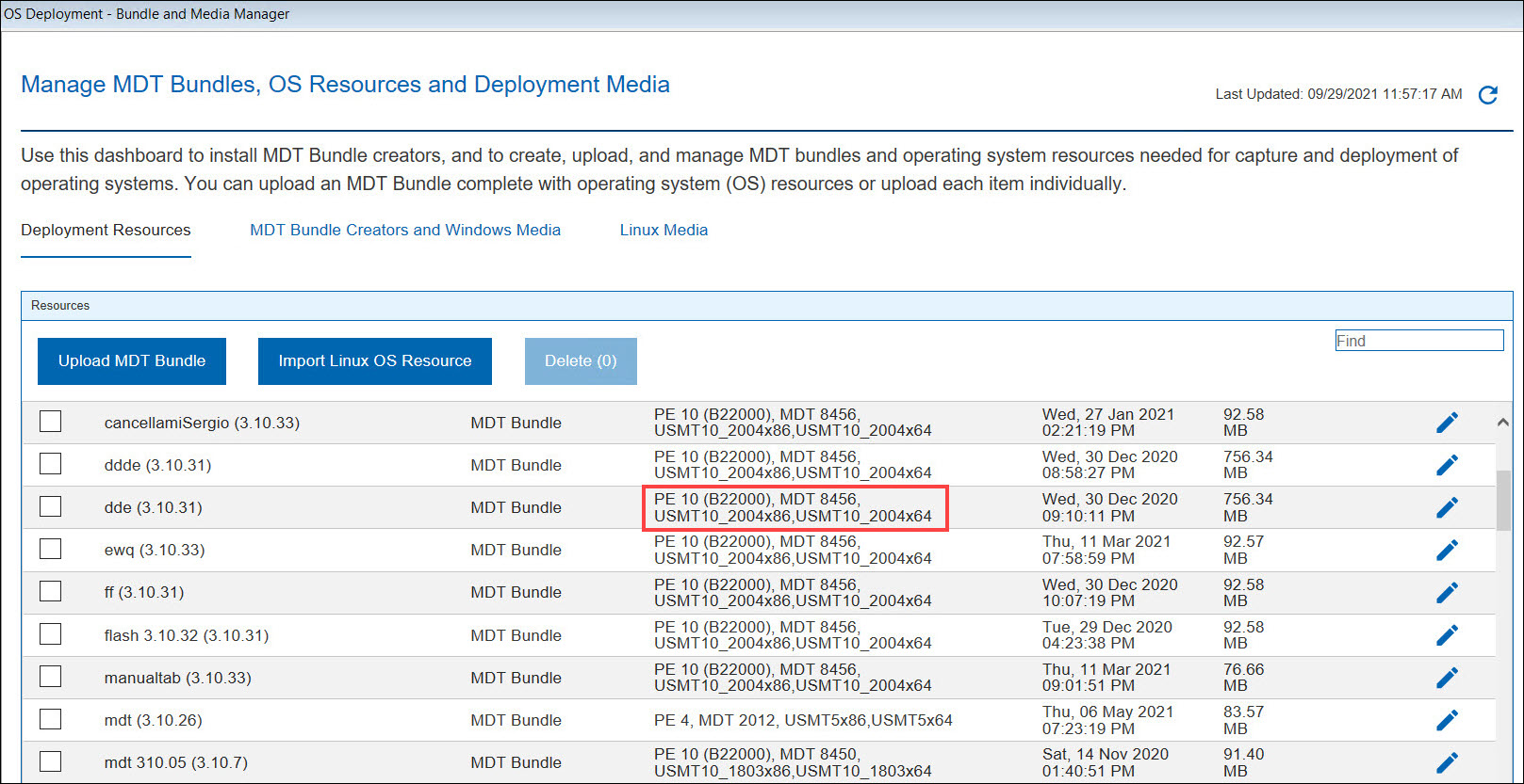 「バンドルおよびメディア・マネージャー」ダッシュボードの「デプロイメント・リソース」タブ