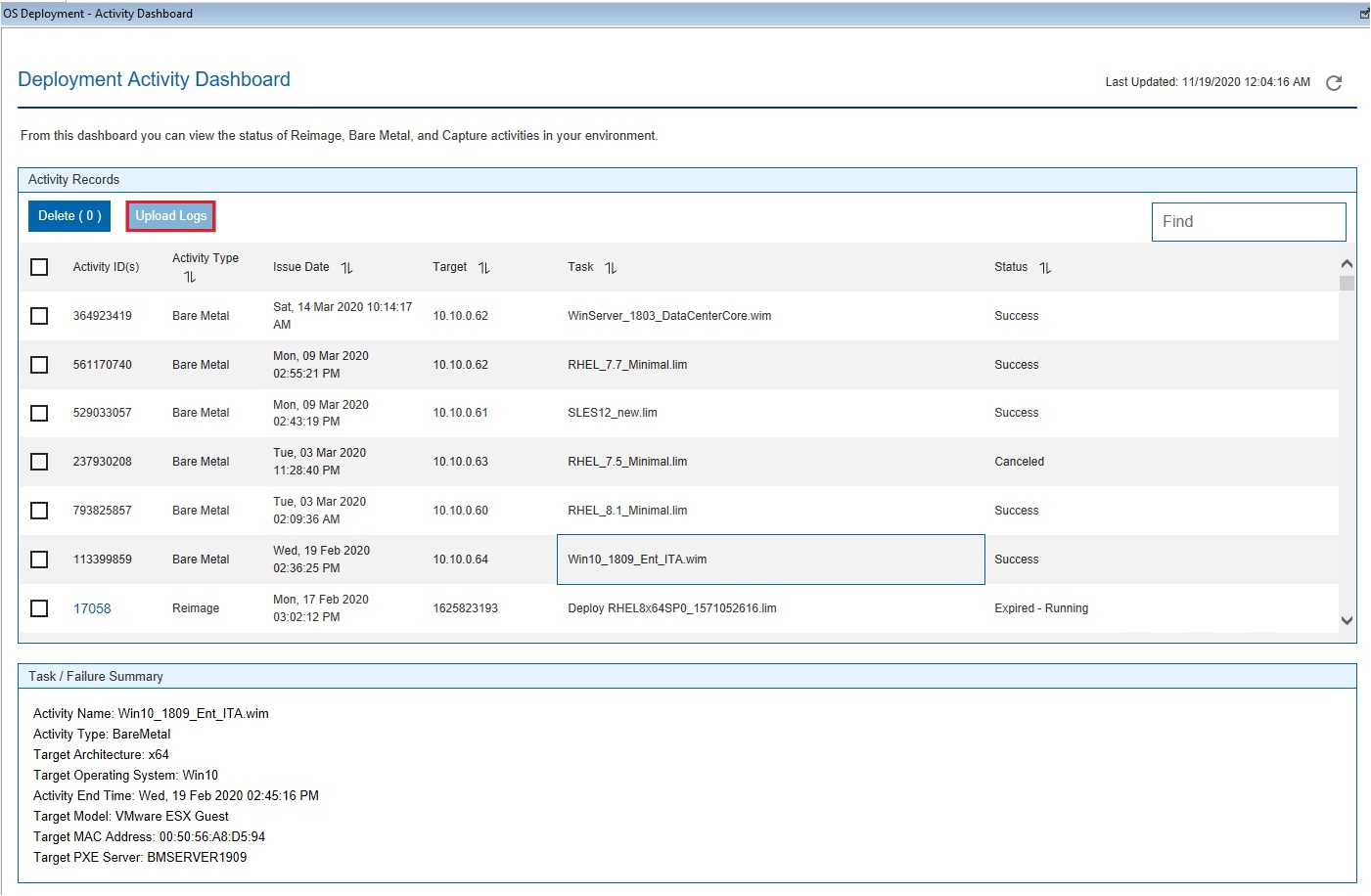 「デプロイメント・アクティビティー 」ダッシュボード