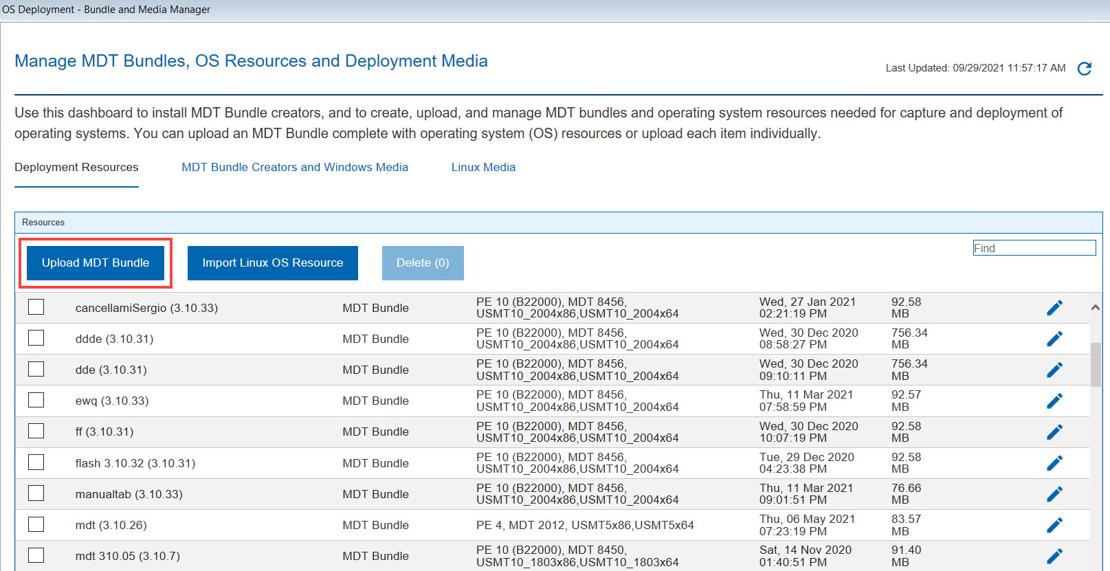 「MDT Bundle のアップロード」ボタン