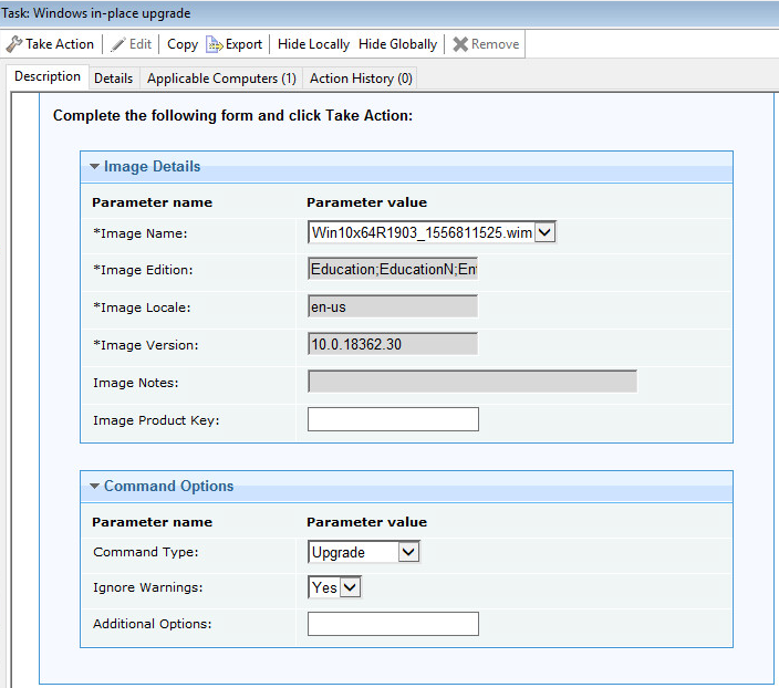 「Windows のインプレース・アップグレード」タスク (ID 202)