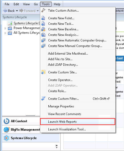 「ツール」ドロップダウン。メニューからの「Web レポートを起動」の選択