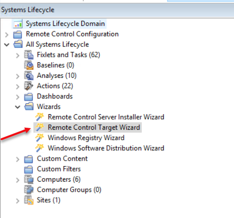 リモート・コントロール・サイトの展開されたビューと、ターゲット・ウィザードがある場所。
