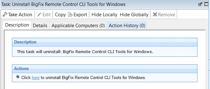 「CLI ツール (Windows 版) のアンインストール」Fixlet 機能の説明。