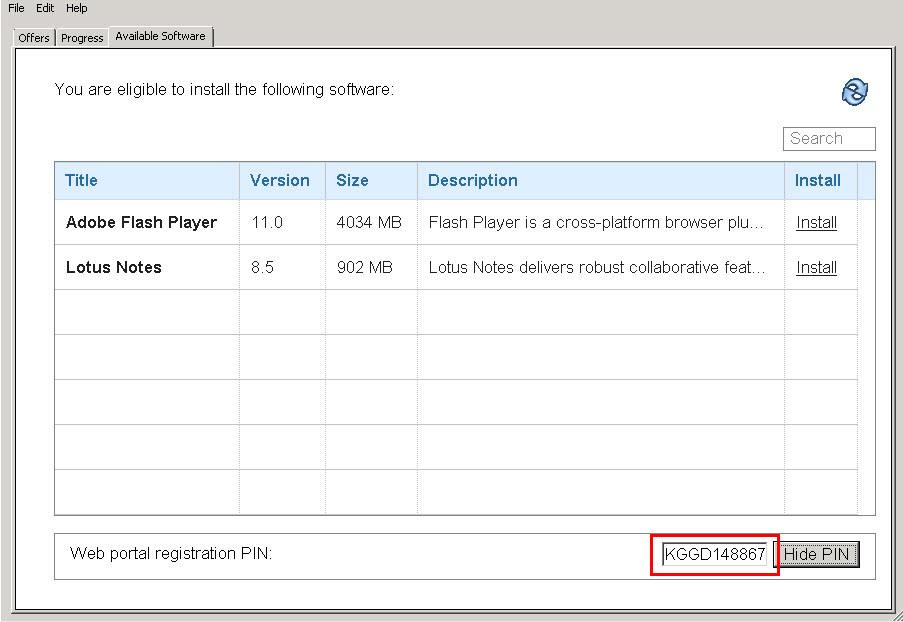 ソフトウェアのクライアント・ダッシュボードの Web ポータル登録 PIN
