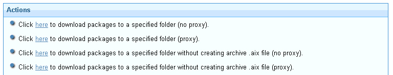 AIX Download Cacher タスクの「アクション」ボックス