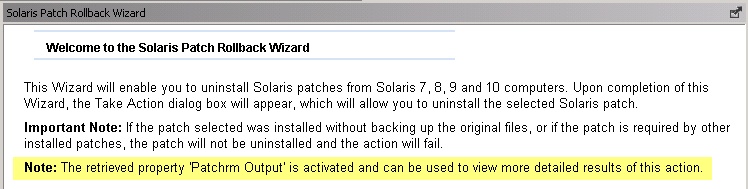 「Solaris パッチ・ロールバック・ウィザード」に表示される取得プロパティー