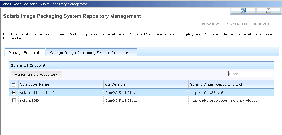 「Solaris Image Packaging System リポジトリーの管理 (Solaris Image Packaging System Repository Management)」ダッシュボード