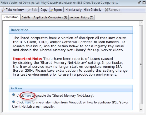 このウィンドウには、Fixlet と一連のアクションに関する説明を示す「説明」タブが表示されています。