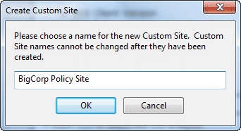 このウィンドウには、「カスタム・サイトの作成」ダイアログが表示されています。このダイアログのテキスト・ボックスで、カスタム・サイトの名前を入力します。