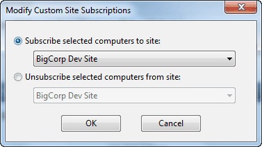 このウィンドウには、「カスタム・サイト・サブスクリプションの変更」ダイアログが表示されています。このダイアログで、任意のアドホック対応カスタム・サイトに対して、指定したコンピューター・グループのサブスクライブまたはサブスクライブの取り消しを行うことができます。