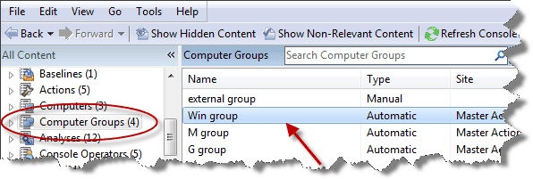 このウィンドウのドメイン・パネルのナビゲーション・ツリーに、丸で囲まれた「コンピューター・グループ」アイコンが表示されています。また、コンピューター・グループのリストも表示されています。