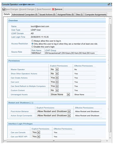 この図は、オペレーター権限の詳細を入力する「コンソール・オペレーター」パネルを示しています。