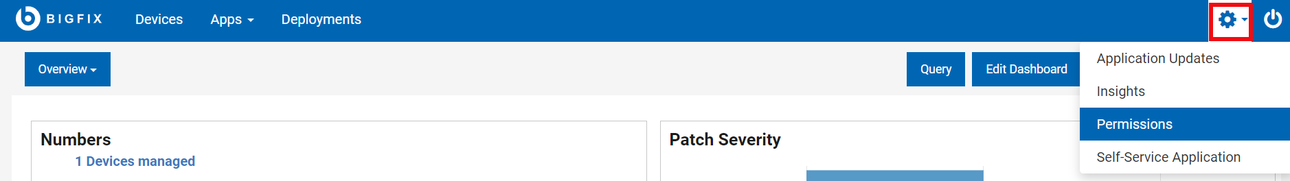権限サービスが表示された「設定」ドロップダウン・メニューの画像。