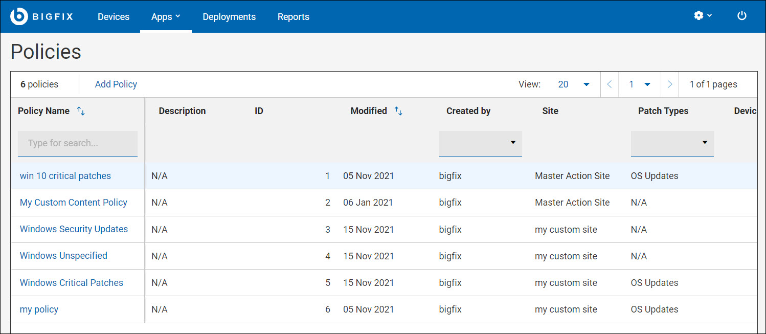 パッチ・ポリシー・リスト・ページの画像。