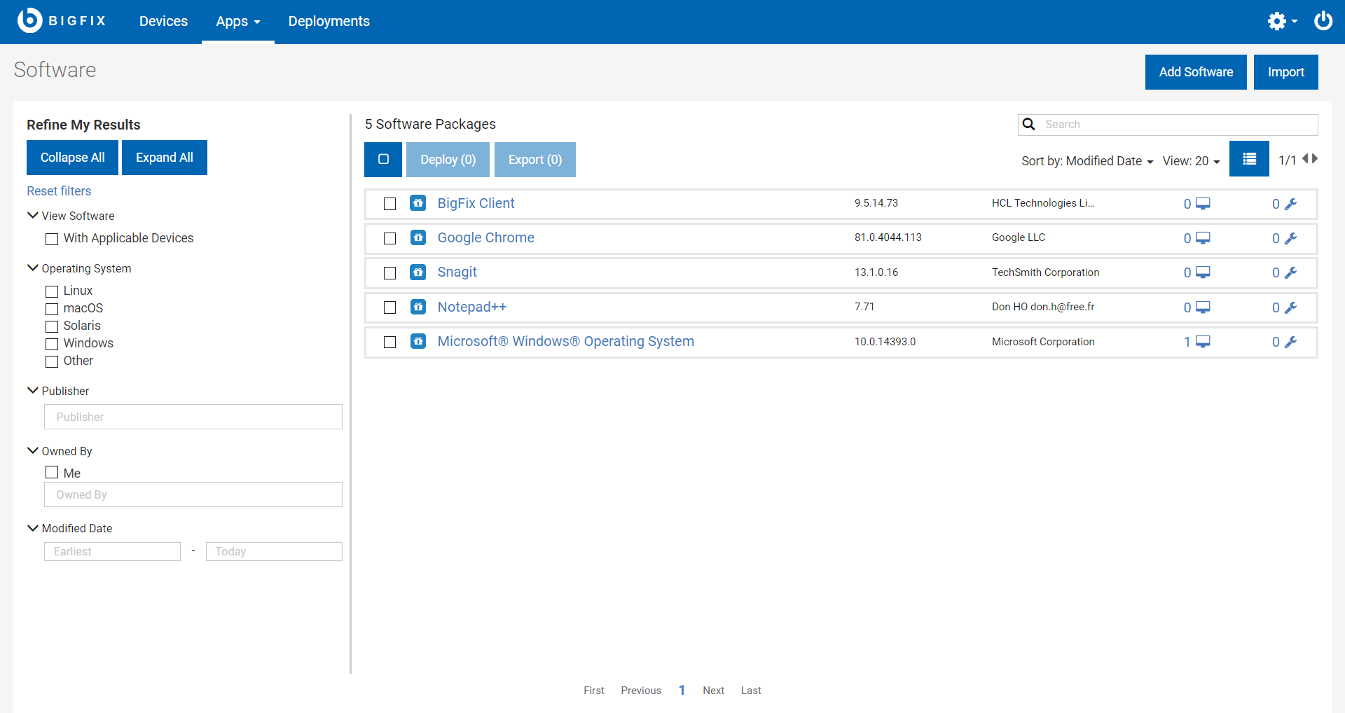 ソフトウェア・パッケージ・リストと「デプロイ」ボタンの右上の「ソフトウェアの追加」リンクの場所の画像。