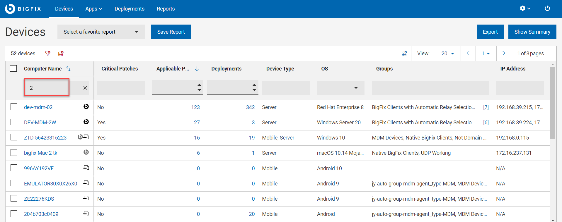 右上に「テキスト検索」ボックスのあるデバイス・リストの画像。