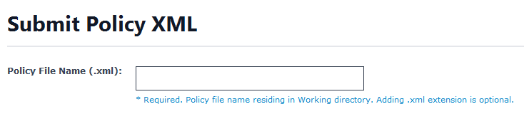 Submit Policy for Review task — Submit Policy XML section in the BigFix Console, showing the Policy File Name (.xml) input field for specifying the WDAC XML policy file to archive and upload from the BFAC\BAC_MGMT\Policies\Working directory on the Management Node. For base policies, enter the filename in the Working directory root. For supplemental policies, the file must reside in the Working\<BasePolicyName> subdirectory. The .xml extension is optional.