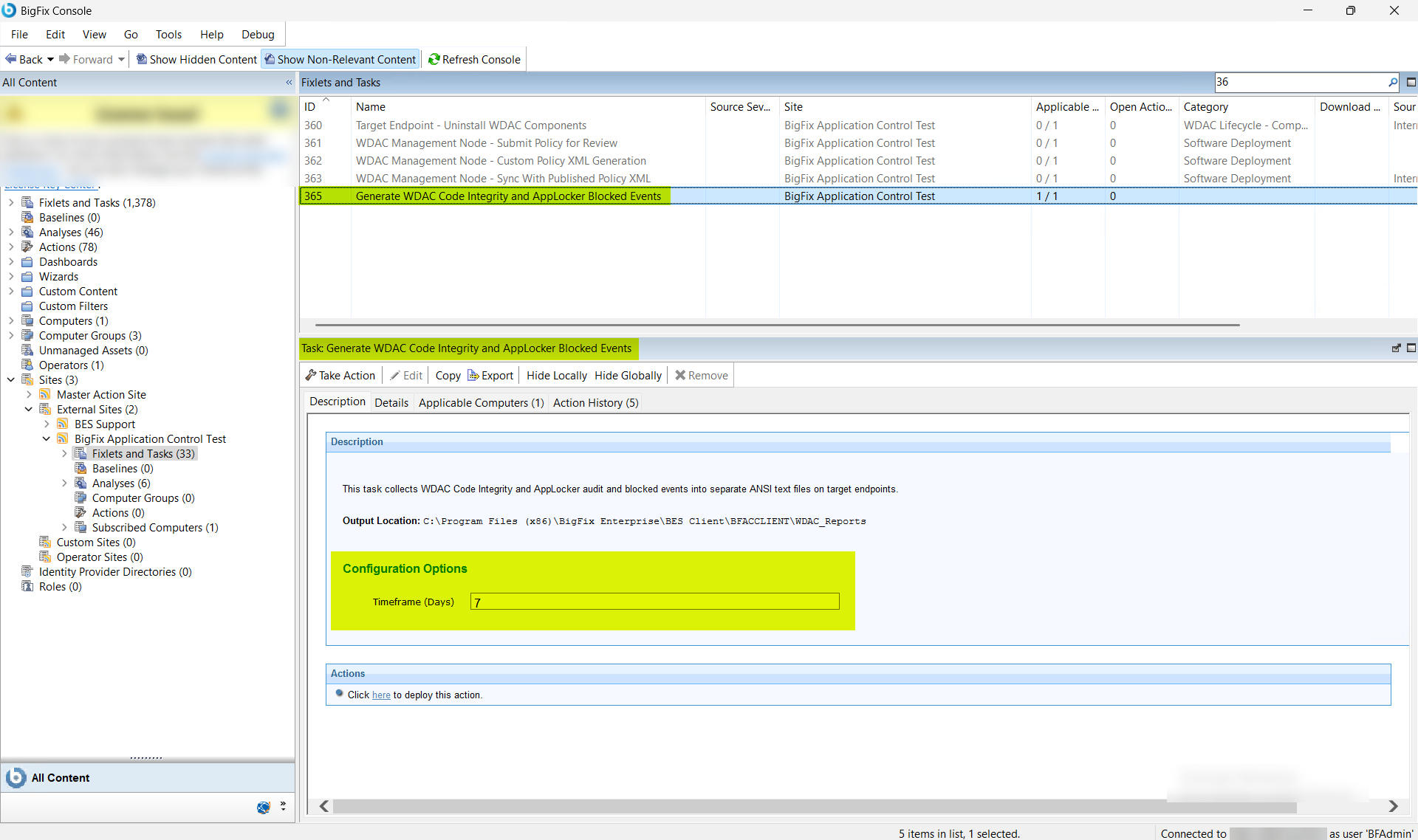 The Generate WDAC Code Integrity and AppLocker Blocked Events task (ID 365) pane in the BigFix Console, showing the task description and the Fixlets and Tasks navigation location.