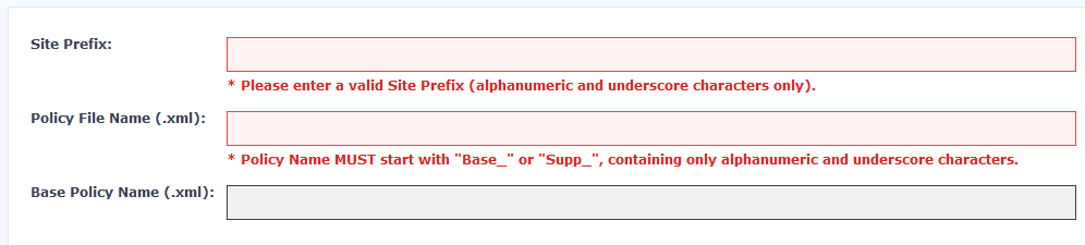The Copy Policy XML from Custom Site configuration section of the Sync Published Policy XML task, showing the Site Prefix, Policy File Name, and Base Policy Name input fields.