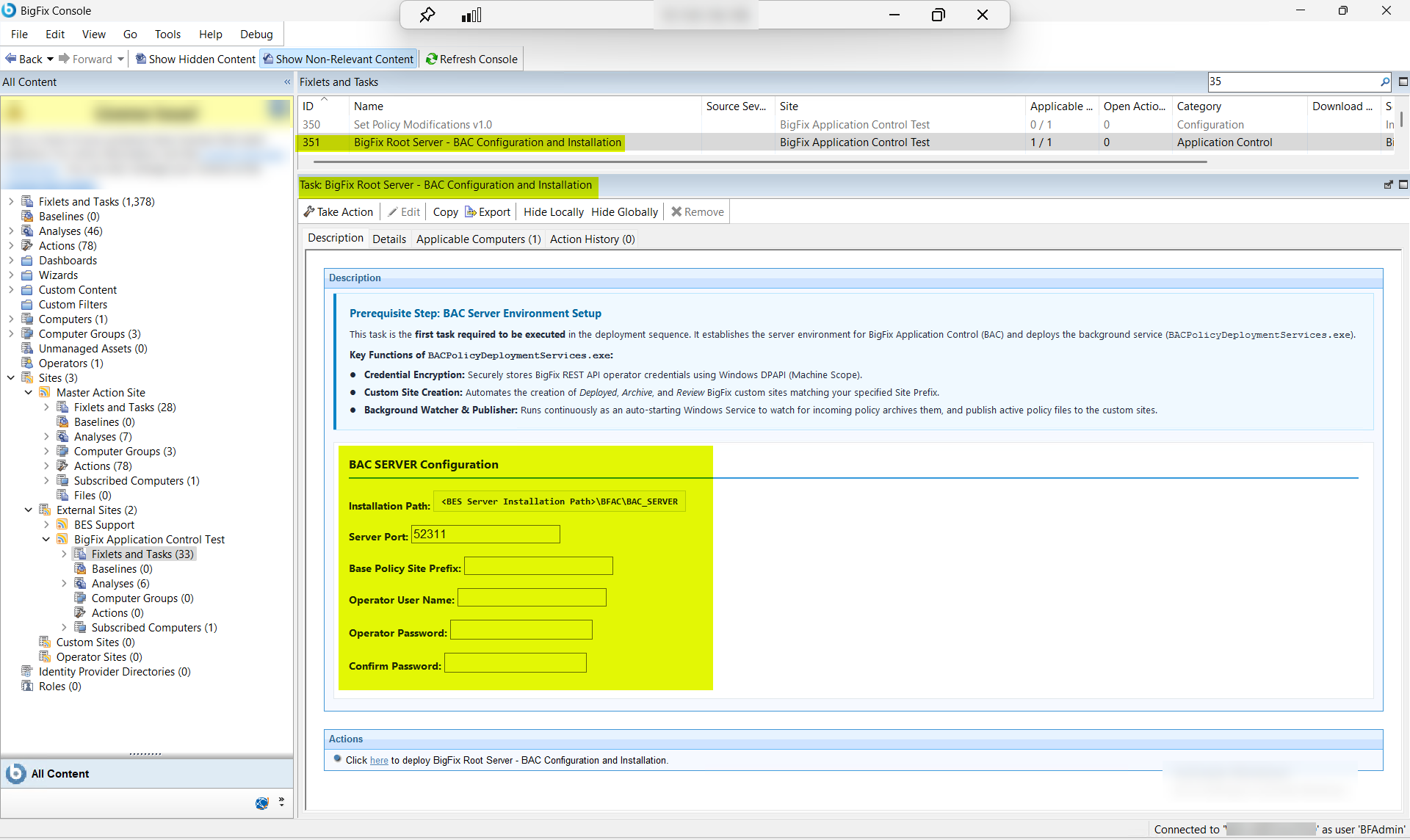 BigFix Console showing the BAC Configuration and Installation task (ID 351) in the Fixlets and Tasks pane, with the WDAC Deployment Service setup options displayed for the BigFix Root Server.