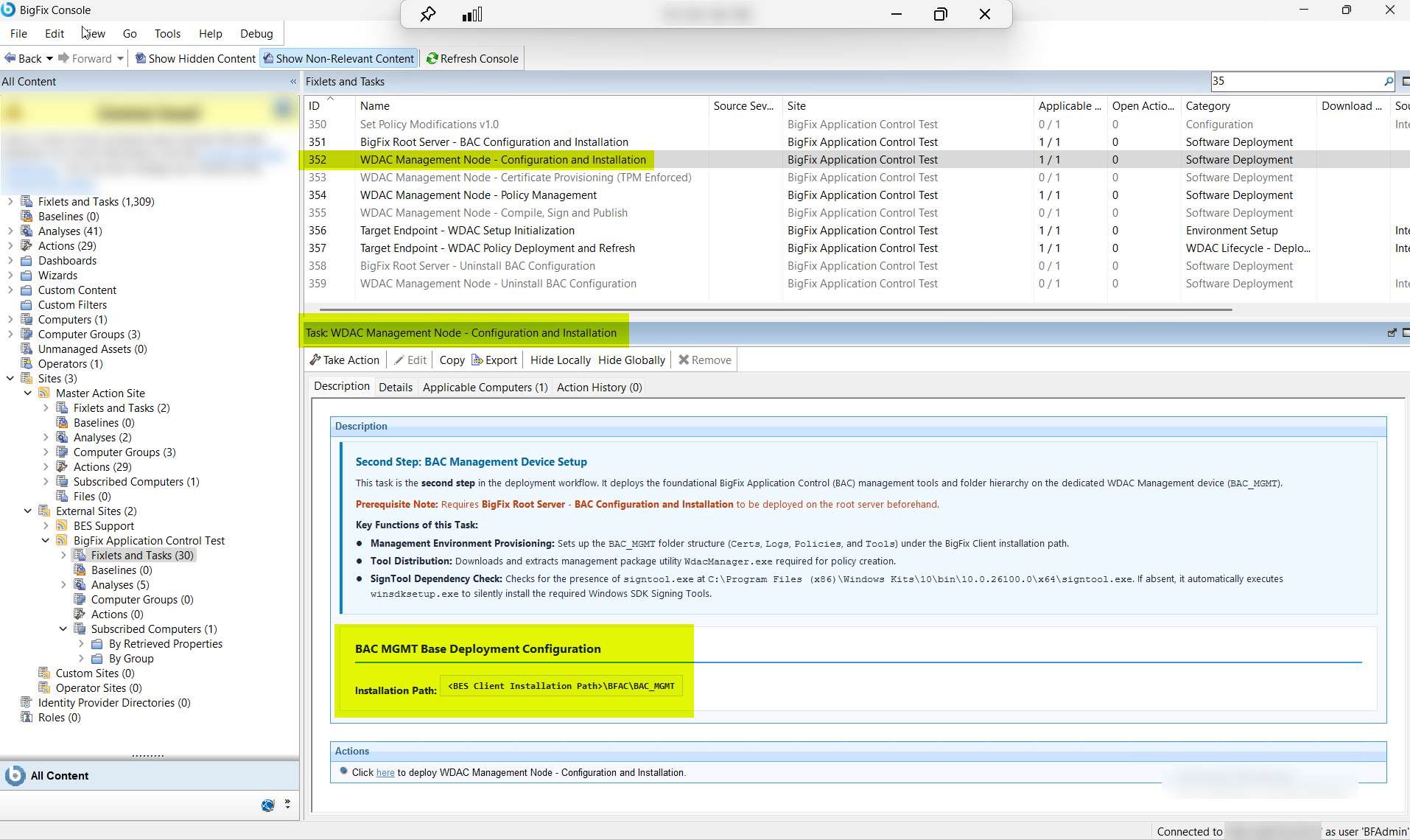 BigFix Console showing the WDAC Management Node Configuration and Installation task (ID 352) in the Fixlets and Tasks pane, displaying the task description and configuration options for provisioning the dedicated BAC_MGMT Management Node with the WdacManager.exe utility and folder structure.