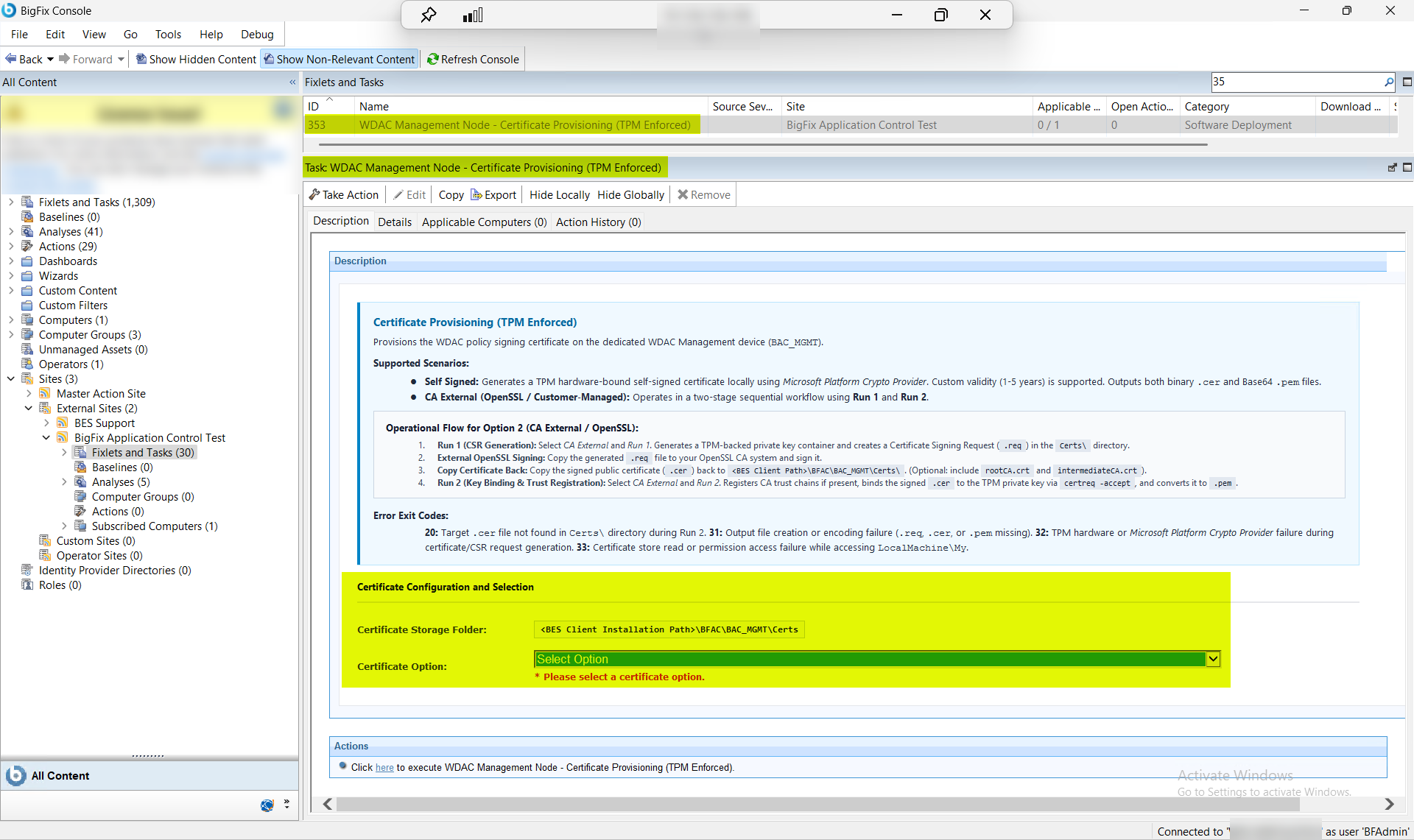 BigFix Console showing the WDAC Management Node Certificate Provisioning (TPM ENFORCED) task (ID 353) in the Fixlets and Tasks pane, displaying the task description and certificate mode configuration options for the dedicated BAC_MGMT Management Node.