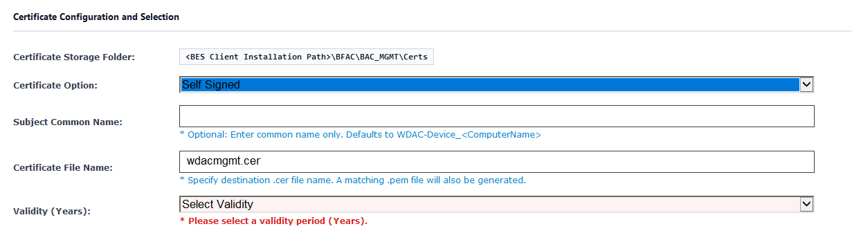 WDAC Management Node Certificate Provisioning task in the BigFix Console showing the Self Signed certificate configuration fields: Certificate Storage Folder, Certificate Option set to Self Signed, Subject Common Name, Certificate File Name, and Validity (Years) with a 1–5 year range.