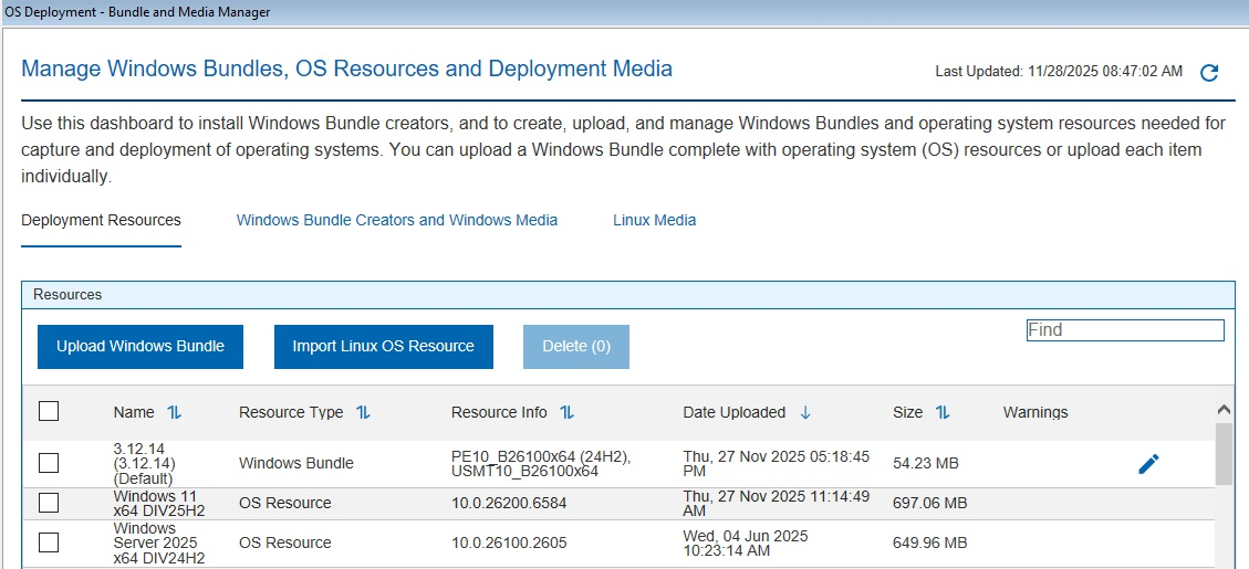 Bundle and Media Manager dashboard, Deployment Resources tab