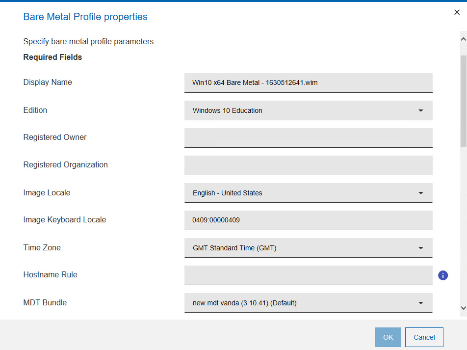 Required fields for creating a bare metal profile from an ISO image